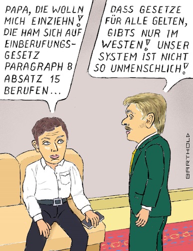 Cartoon: Die Gleichheit des Gesetzes (medium) by Barthold tagged dmitri,peskow,kremlsprecher,nikolai,sohn,ablehnung,militärdienst,fronteinsatz,ukrainekrieg,testanruf,nawalny,unterstützer,unterstützerkreis,cartoon,karikatur,barthold,dmitri,peskow,kremlsprecher,nikolai,sohn,ablehnung,militärdienst,fronteinsatz,ukrainekrieg,testanruf,nawalny,unterstützer,unterstützerkreis,cartoon,karikatur,barthold