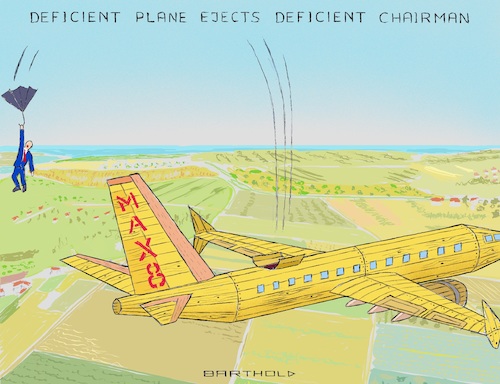 Cartoon: Dismissal Dennis Muilenburg (medium) by Barthold tagged boeing,737,max,plane,aircraft,crash,scandal,mcas,maneuvering,characteristics,augmentation,system,timber,reliability,safety,fault,analysis,lion,air,indonesia,ethiopian,airlines,dennis,muilenburg,chairman,ceo,dismissal,umbrella,ejection,seat