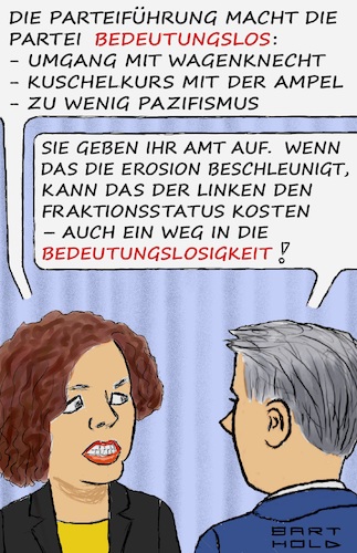 Cartoon: Dolchstoß f. d. Linke? (medium) by Barthold tagged amira,mohamed,ali,aufgabe,fraktionsvorsitz,vorwurf,parteiführung,macht,partei,bedeutungslos,kritik,umgang,wagenknecht,ampel,vernachlässigung,pazifismus,gefahr,erosion,austritte,lötzsch,pellmann,verlust,fraktionsstatus,cartoon,karikatur,barthold,amira,mohamed,ali,aufgabe,fraktionsvorsitz,vorwurf,parteiführung,macht,partei,bedeutungslos,kritik,umgang,wagenknecht,ampel,vernachlässigung,pazifismus,gefahr,erosion,austritte,lötzsch,pellmann,verlust,fraktionsstatus,cartoon,karikatur,barthold