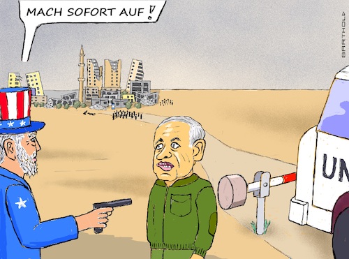 Cartoon: Eigentlich selbstverständlich (medium) by Barthold tagged israel,palästinenser,krieg,gazastreifen,brutale,rücksichtslose,kriegsführung,abriegelung,internationale,hilfe,drohung,biden,entzug,waffenlieferungen,uncle,sam,benjamin,netanjahu,netanyahu,un,lastwagen,schlagbaum,cartoon,karikatur,barthold,israel,palästinenser,krieg,gazastreifen,brutale,rücksichtslose,kriegsführung,abriegelung,internationale,hilfe,drohung,biden,entzug,waffenlieferungen,uncle,sam,benjamin,netanjahu,netanyahu,un,lastwagen,schlagbaum,cartoon,karikatur,barthold