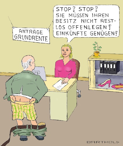 Cartoon: Einigung Grundrente (medium) by Barthold tagged grundrente,koalitionsausschuss,einigung,kompromiss,bedürftigkeitsprüfung,einkünfte,große,koalition,groko,union,spd,grundsicherung,respekt,lebensleistung,fünfunddreißig,35,beitragsjahre,1250,euro,alleinstehende,1950,paare,hosen,runter,rente,dienststelle