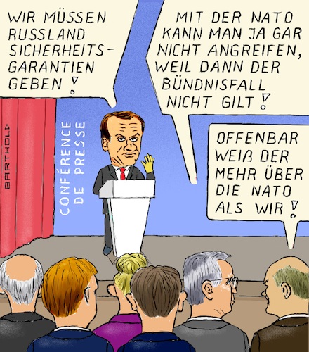 Cartoon: Empathie für den Aggressor (medium) by Barthold tagged emmanuel,macron,propagierung,sicherheitsgarantien,russland,nato,verteidigungsbündnis,voraussetzung,bündnisfall,angriff,von,außen,hintergedanke,angebot,gesichtswahrung,pressekonferenz,auditorium,jens,stoltenberg,olaf,scholz,cartoon,karikatur,barthold,emmanuel,macron,propagierung,sicherheitsgarantien,russland,nato,verteidigungsbündnis,voraussetzung,bündnisfall,angriff,von,außen,hintergedanke,angebot,gesichtswahrung,pressekonferenz,auditorium,jens,stoltenberg,olaf,scholz,cartoon,karikatur,barthold