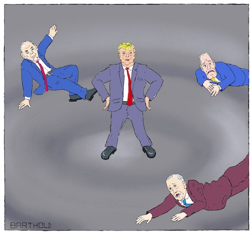 Cartoon: Epicenter again and again (medium) by Barthold tagged donald,trump,president,united,states,james,mattis,secretary,defence,joh,kelly,chief,staff,ryan,keith,zinke,interior,retirement,resignation,dismissal,epicenter,earthquake,seismic,waves,ground,motion,again