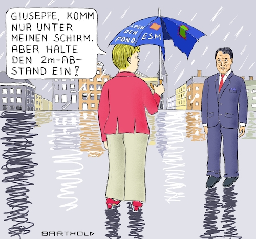 Cartoon: EU-Hilfe für Italien (medium) by Barthold tagged eu,hilfe,italien,südeuropa,esm,regeländerungen,hebelung,spendenfond,corona,bonds,haftung,verschuldung,schuldenvergemeinschaftung,vorsorgliche,kreditlinien,eccl,eib,guiseppe,conte,ministerpräsident,angela,merkel,bundeskanzlerin,schirm,regen,mindestabstand,social,distancing,karikatur,barthold,eu,hilfe,italien,südeuropa,esm,regeländerungen,hebelung,spendenfond,corona,bonds,haftung,verschuldung,schuldenvergemeinschaftung,vorsorgliche,kreditlinien,eccl,eib,guiseppe,conte,ministerpräsident,angela,merkel,bundeskanzlerin,schirm,regen,mindestabstand,social,distancing,karikatur,barthold