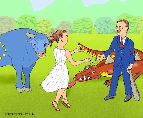 Cartoon: Europa gratuliert (medium) by Barthold tagged frankreich,präsidentschaftswahlen,wahl,präsident,2022,sieg,emmanuel,macron,europa,stier,keule,drachen,rassemblement,national,rn,beule,benommen,cartoon,karikatur,barthold,frankreich,präsidentschaftswahlen,wahl,präsident,2022,sieg,emmanuel,macron,europa,stier,keule,drachen,rassemblement,national,rn,beule,benommen,cartoon,karikatur,barthold