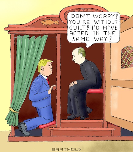 Cartoon: Everything is Fine (medium) by Barthold tagged donald,trump,ukraine,affair,allegation,collusion,conspiracy,abuse,power,impeachment,backing,putin,confessional,box,absolution,joe,hunter,biden,volodymyr,zelensky