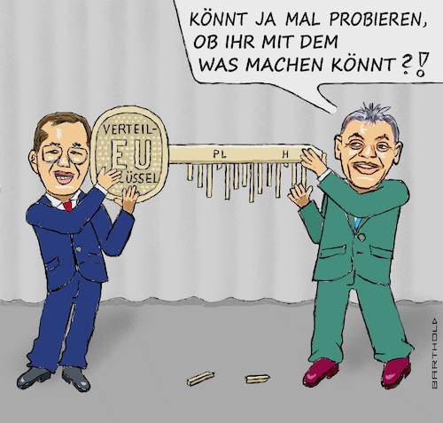 Cartoon: Flüchtlingsverteilschlüssel (medium) by Barthold tagged eu,asylkompromiss,außenministertreffen,gipfeltreffen,ende,juni,2023,ablehnung,viktor,orban,mateusz,morawiecki,flüchtlingsverteilschlüssel,strafzahlungen,unwillige,bart,ungarn,polen,abgebrochen,schlüssel,unbrauchbar,cartoon,karikatur,barthold,eu,asylkompromiss,außenministertreffen,gipfeltreffen,ende,juni,2023,ablehnung,viktor,orban,mateusz,morawiecki,flüchtlingsverteilschlüssel,strafzahlungen,unwillige,bart,ungarn,polen,abgebrochen,schlüssel,unbrauchbar,cartoon,karikatur,barthold