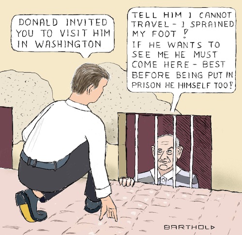 Cartoon: Friendsh. under Adverse Condit. (medium) by Barthold tagged benjamin,netanyahu,accusation,peculation,bribery,prosecution,court,dungeon,jail,prison,invitation,donald,trump,excuse,pretext