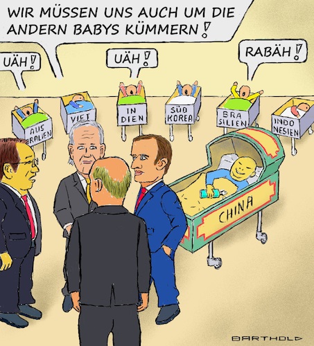 Cartoon: G7 - Babystation (medium) by Barthold tagged g7,treffen,hiroshima,japan,mai,2023,zusätzlich,australien,indien,südkorea,brasilien,indonesien,vietnam,globale,süden,ziel,investitionen,industrieller,aufbau,verringerung,abhängigkeit,china,lieferketten,diversifizieren,diversifikation,fumio,kishida,joe,biden,olaf,scholz,emmanuel,macron,cartoon,karikatur,barthold,g7,treffen,hiroshima,japan,mai,2023,zusätzlich,australien,indien,südkorea,brasilien,indonesien,vietnam,globale,süden,ziel,investitionen,industrieller,aufbau,verringerung,abhängigkeit,china,lieferketten,diversifizieren,diversifikation,fumio,kishida,joe,biden,olaf,scholz,emmanuel,macron,cartoon,karikatur,barthold