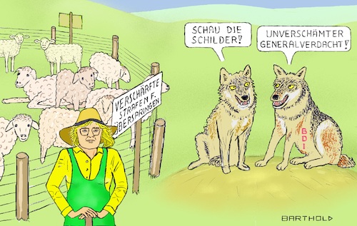 Cartoon: Generalverdacht (medium) by Barthold tagged christine,lambrecht,justizministerin,verschärfte,strafen,vergehen,unternehmen,bdi,stellungnahme,martin,wansleben,generalverdacht,schafe,wölfe,zaun,schilder