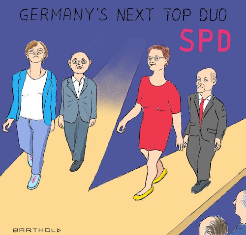 Cartoon: Germanys Next Top Duo (medium) by Barthold tagged spd,spitzenduo,parteivorstand,mitgliederbefragung,groko,klara,geywitz,olav,scholz,saskia,esken,norbert,walter,borjans,next,top,duo,laufsteg,oktober,26,2019