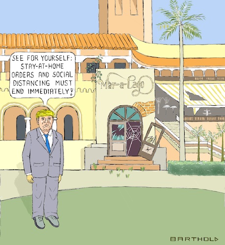 Cartoon: Hotel Owner Trump Speaking (medium) by Barthold tagged donald,trump,president,united,states,america,hotel,golf,resort,owner,conflict,of,interest,stay,home,order,social,distancing,public,health,corona,virus,covid,19,sars,cov2,mar,lago,drop,in,reservations,loss,making,operation,caricature,barthold,donald,trump,president,united,states,america,hotel,golf,resort,owner,conflict,of,interest,stay,home,order,social,distancing,public,health,corona,vrus,covid,19,sars,cov2,mar,lago,drop,in,reservations,loss,making,operation,caricature,barthold