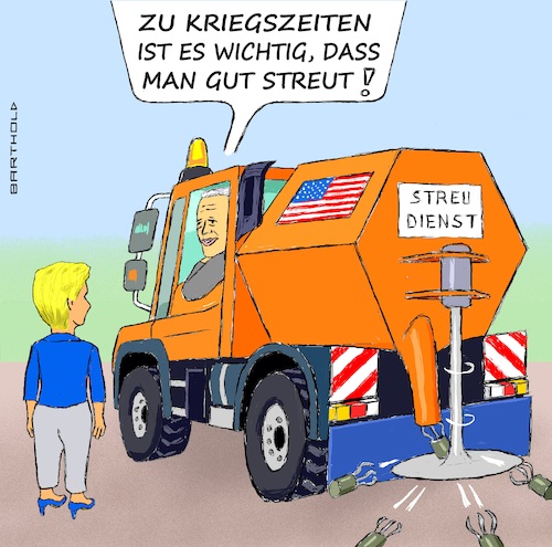 Cartoon: Im Krieg muss man streuen! (medium) by Barthold tagged usa,beschluss,umstritten,strittig,lieferung,streumunition,ukraine,von,120,nationen,geächtet,winterdienst,lkw,streubomben,submunition,biden,leyen,kommissionspräsidentin,eu,cartoon,karikatur,barthold,usa,beschluss,umstritten,strittig,lieferung,streumunition,ukraine,von,120,nationen,geächtet,winterdienst,lkw,streubomben,submunition,biden,leyen,kommissionspräsidentin,eu,cartoon,karikatur,barthold