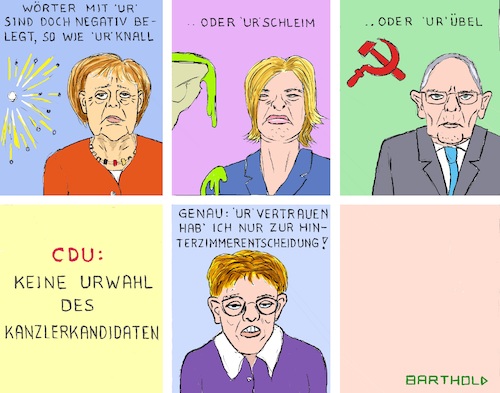 Cartoon: Im Urgestrüpp (medium) by Barthold tagged parteitag,cdu,leipzig,november,2019,angela,merkel,julia,klöckner,wolfgang,schäuble,annegret,kramp,karrenbauer,urknall,urschleim,urübel,urvertrauen,entscheidung,urwahl,kanzlerkandidat,hinterzimmerentscheidung,parteivorstand