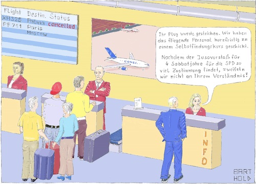 Cartoon: Jung-Unsozial-isten (medium) by Barthold tagged groko,koalition,mitgliederabstimmung,spd,sozialdemokraten,flughafen,selbsfindungskurs,sabbatjahre,koalitionsverhandlungen,union,martin,schulz,andrea,nahles,checkin,information,fluggäste,mitgliedervotum,mitgliederentscheid,kevin,kühnert