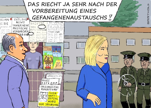 Cartoon: Kallas auf russ. Fahndungsliste (medium) by Barthold tagged estland,ministerpräsidentin,kaja,kallas,russische,fahndungsliste,affront,versuch,einschüchterung,retourkutsche,istgh,internationaler,strafgerichtshof,den,haag,haftbefehl,gegen,putin,cartoon,karikatur,barthold,estland,ministerpräsidentin,kaja,kallas,russische,fahndungsliste,affront,versuch,einschüchterung,retourkutsche,istgh,internationaler,strafgerichtshof,den,haag,haftbefehl,gegen,putin,cartoon,karikatur,barthold