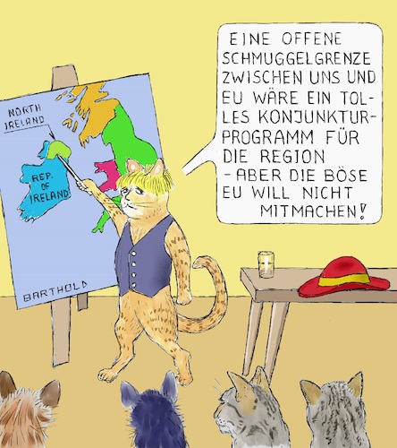 Cartoon: Katerideen gef. von Katzenjammer (medium) by Barthold tagged boris,johnson,prime,minister,großbritannien,brexit,austrittsvertrag,backstop,grenze,irland,nordirland,ideen,nichtakzeptanz,eu,tusk,junker,barnier,schmuggel,konjunkturprogramm,lastminute,deal