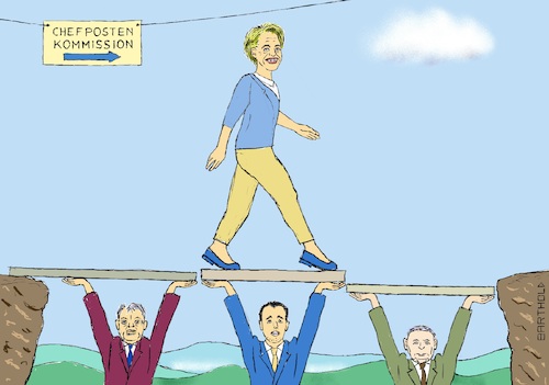 Cartoon: Kavaliere (medium) by Barthold tagged ursula,leyen,wahl,kommissionspräsidentin,eu,europäische,union,juli,2019,viktor,orban,fidesz,luigi,di,maio,m5s,jaroslaw,kaczynski,pis,brücke,graben,bretter