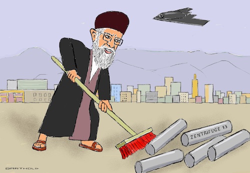 Cartoon: Khamenei beim Kehraus (medium) by Barthold tagged krieg,israel,iran,beteiligung,usa,luftangriffe,b2,stealth,bomber,raketen,gbu,57,fordo,natanz,natans,isfahan,atomanlagen,uran,zentrifugen,ayatollah,ali,khamenei,besen,skyline,teheran,cartoon,karikatur,barthold,krieg,israel,iran,beteiligung,usa,luftangriffe,b2,stealth,bomber,raketen,gbu,57,fordo,natanz,natans,isfahan,atomanlagen,uran,zentrifugen,ayatollah,ali,khamenei,besen,skyline,teheran,cartoon,karikatur,barthold