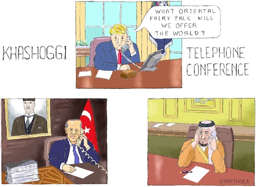 Cartoon: Khashoggi Telephone Conference (medium) by Barthold tagged crown,prince,mohammed,bin,salman,recep,tayyip,erdogan,donald,trump,telephone,conference,saudi,arabia,jamal,khashoggi,murder,consulate,istanbul,crime,human,rights,violation,fairy,tale,official,version,pawn,sacrifice,common,investigation,report