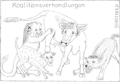 Cartoon: Koalitionsverhandlungen (medium) by Barthold tagged angela,merkel,horst,seehofer,cem,özdemir,christian,lindner,koalitionsverhandlungen,kuh,schaf,wolf,löwe,bundestagswahl,2017,wahlergebnis,jamaika,cdu,csu,fdp,grüne