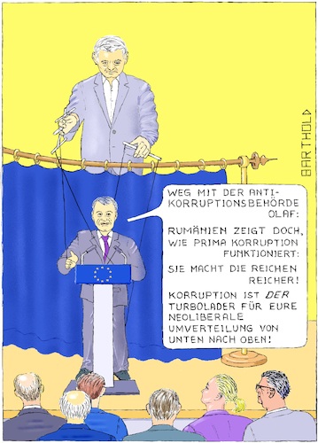 Cartoon: Korruption für alle! (medium) by Barthold tagged eu,europäische,union,rumänien,ratsvorsitz,korruption,puppenspiel,liviu,dragnea,vorbestraft,vorsitzender,psd,dokumentenfälschung,erschleichung,fördermittel,george,ciamba,diplomat,rednerpult,auditorium,antikorruptionsbehörde,olaf,vermögensverteilung,einkommensschere