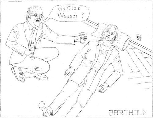 Cartoon: Kraft erleidet Schwächeanfall (medium) by Barthold tagged nordrheinwestfalen,landtagswahl2017,landtagswahl,2017,hannelorekraft,kraft,arminlaschet,laschet,schwächeanfall,wasser,champagner