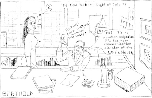 Cartoon: Legendary Phone Call (medium) by Barthold tagged anthony,scaramucci,phone,call,verbal,insults,invectives,low,level,vulgar,foulmouthed,cock,sucking,ryan,lizza,editor,the,new,yorker,freakout,white,house,trump,communication,director,office,scenario,assistent,secretary