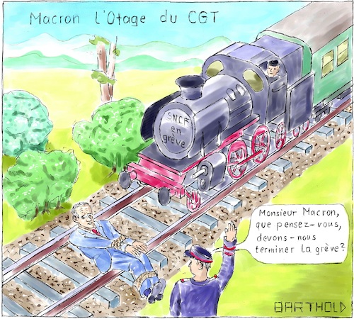 Cartoon: Macron l Otage du CGT (medium) by Barthold tagged greve,cheminots,francais,emmanuel,macron,president,locomotive,voie,otage,cgt,syndicat,sncf,statut,yours,de,conge,age,retraite