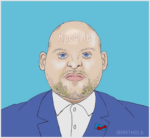 Cartoon: Markus Frohnmaier (medium) by Barthold tagged markus,frohnmaier,afd,bundestagsabgeordneter,einflussagent,russland,russlandbeziehungen,spiegel,zdf,bbc,repubblica,schriftzug,kyrillisch,kreml