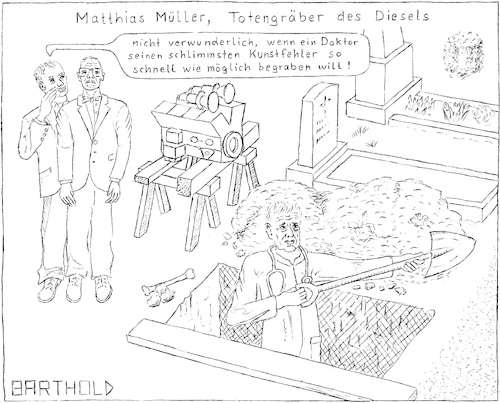 Cartoon: Mat. Müller Tot.gräber d.Diesels (medium) by Barthold tagged handelsblatt,interview,matthias,müller,totengräber,schaufel,böcke,v8,diesel,vw,volkswagen,vorstandsvorsitzender,dieselmotor,abgasskandal,betrugssoftware