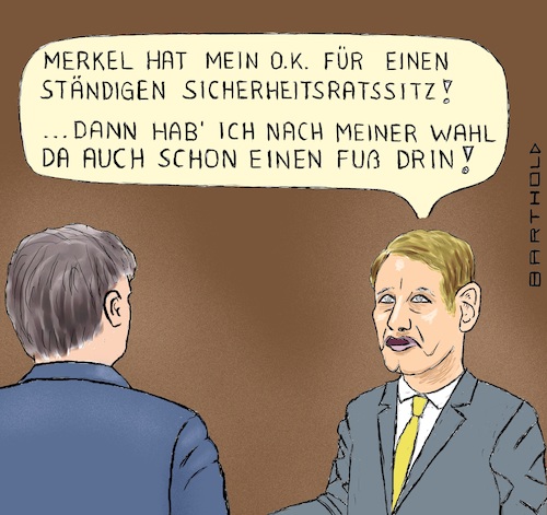 Cartoon: Merkel will erw. Sicherheitsrat (medium) by Barthold tagged angela,merkel,rede,vereinte,nationen,un,75,jahre,jubiläum,sicherheitsrat,erweitert,vergrößert,björn,höcke,afd,regierungschef,bundeskanzler,cartoon,karikatur,barthold,angela,merkel,rede,vereinte,nationen,un,75,jahre,jubiläum,sicherheitsrat,erweitert,vergrößert,björn,höcke,afd,regierungschef,bundeskanzler,cartoon,karikatur,barthold