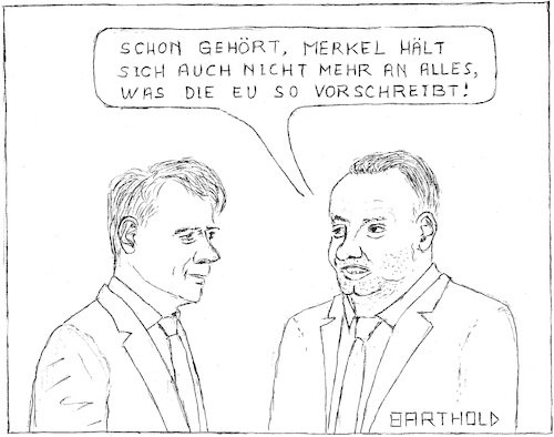 Cartoon: Merkels Umgang m. EU-NO2-Grenzw. (medium) by Barthold tagged kabinettsbeschluss,vermeidung,dieselfahrverbote,angela,merkel,bundeskanzlerin,erhöhung,stickoxidgrenzwert,regierungschef,polen,andrzej,duda,italien,giuseppe,conte,justizreform,neuverschuldung,eu,konformität