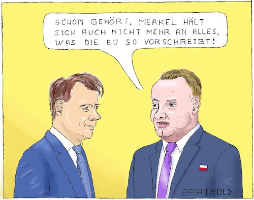 Cartoon: Merkels Umgang m. EU-NO2-Grenzw. (medium) by Barthold tagged kabinettsbeschluss,vermeidung,dieselfahrverbote,angela,merkel,bundeskanzlerin,erhöhung,stickoxidgrenzwert,regierungschef,polen,andrzej,duda,italien,giuseppe,conte,justizreform,neuverschuldung,eu,konformität