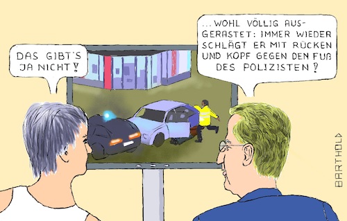 Cartoon: Mit dem Blick des Fachmanns (medium) by Barthold tagged prüm,bundespolizei,prügelattacke,übergriff,franzosen,polizeikontrolle,flucht,verfolgungsjagd,hans,georg,maaßen,frau,fernseher,tv