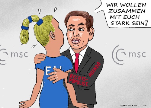 Cartoon: msc Rubios Rede (medium) by Barthold tagged münchner,sicherheitskonferenz,2026,msc,rede,marco,rubio,will,zusammenwirken,europa,usa,amerikas,bedingungen,forciertes,wachstum,nichtbeachtung,klimawandel,ökologie,lebensgrundlagen,politik,für,nationen,nicht,regeleinhaltung,völkerrecht,zurücknahme,globalisierung,unrealistisch,protektionistische,zölle,eindämmung,migration,cartoon,karikatur,barthold,münchner,sicherheitskonferenz,2026,msc,rede,marco,rubio,will,zusammenwirken,europa,usa,amerikas,bedingungen,forciertes,wachstum,nichtbeachtung,klimawandel,ökologie,lebensgrundlagen,politik,für,nationen,nicht,regeleinhaltung,völkerrecht,zurücknahme,globalisierung,unrealistisch,protektionistische,zölle,eindämmung,migration,cartoon,karikatur,barthold