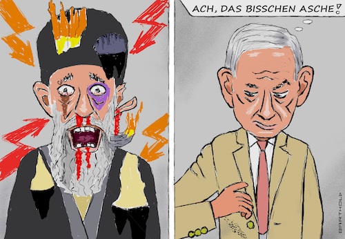 Cartoon: N. d. 1. Aust. v. Feindseligktn. (medium) by Barthold tagged luftangriffe,raketenangriffe,israel,iran,ziel,atomanlagen,juni,2025,vergeltungsangriffe,große,zerstörungen,persien,ausschaltung,abschuss,iranischer,raketen,ali,khamenei,ramponiert,angriffsspuren,asche,jackett,benjamin,natanjahu,netanyahu,cartoon,karikatur,barthold,luftangriffe,raketenangriffe,israel,iran,ziel,atomanlagen,juni,2025,vergeltungsangriffe,große,zerstörungen,persien,ausschaltung,abschuss,iranischer,raketen,ali,khamenei,ramponiert,angriffsspuren,asche,jackett,benjamin,natanjahu,netanyahu,cartoon,karikatur,barthold