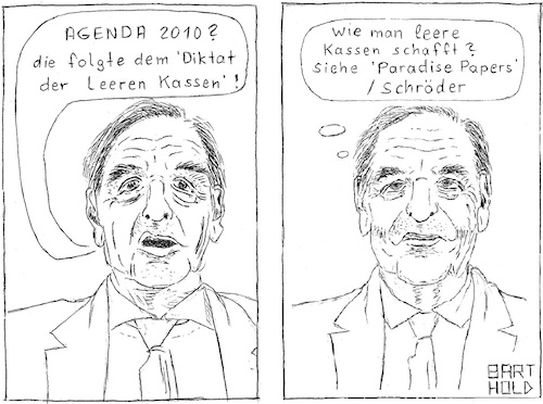 Cartoon: Paradise Papers Gerhard Schröder (medium) by Barthold tagged gerhard,schröder,ehemaliger,bundeskanzler,paradise,papers,agenda,2010,diktat,der,leeren,kassen,mont,pelerin,gesellschaft,herbert,giersch,sozialabbau,neoliberalismus