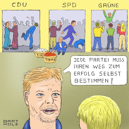 Cartoon: Parteienselbstbestimmung (medium) by Barthold tagged bündnis,90,die,grünen,parteitag,november,2019,bielefeld,bestätigung,führungsduo,annalena,baerbock,robert,habeck,spd,cdu,innere,kämpfe,zerrissenheit,hauen,stechen,demontage,parteichef,parteiführung,flügelkämpfe,groko