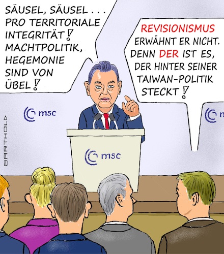 Cartoon: Plädoyer für das Völkerrecht (medium) by Barthold tagged wang,yi,china,zentrale,kommission,auswärtige,angelegenheiten,plädoyer,souveränität,territoriale,integrität,nichterwähnung,revisionismus,msc,münchner,sicherheitskonferenz,cartoon,karikatur,barthold,wang,yi,china,zentrale,kommission,auswärtige,angelegenheiten,plädoyer,souveränität,territoriale,integrität,nichterwähnung,revisionismus,msc,münchner,sicherheitskonferenz,cartoon,karikatur,barthold