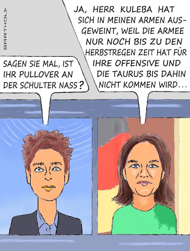 Cartoon: Polit. Gespräche üb. d. Wetter (medium) by Barthold tagged ukraine,außenminister,tränen,kuleba,wunsch,lieferung,taurus,marschflugkörper,kiew,reise,baerbock,interview,dunja,hayali,verweis,prüfung,einzelaspekte,vertröstung,flugkörper,wichtig,ausschaltung,befehlszentren,logistikstützpunkte,cartoon,karikatur,barthold,ukraine,außenminister,kuleba,wunsch,lieferung,taurus,marschflugkörper,kiew,reise,baerbock,interview,dunja,hayali,verweis,prüfung,einzelaspekte,vertröstung,flugkörper,wichtig,ausschaltung,befehlszentren,logistikstützpunkte,cartoon,karikatur,barthold