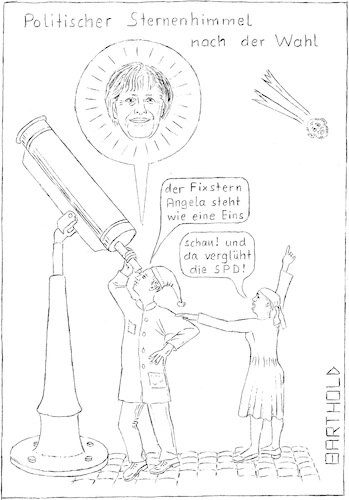 Cartoon: Polit. Sternenhimmel n. d. Wahl (medium) by Barthold tagged angela,merkel,martin,schulz,deutscher,michel,fernrohr,fixstern,verglühen,spd,bundestagswahl,2017,btw,wahlergebnis,opposition,komet