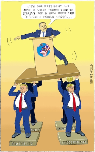 Cartoon: Pompeo Promotes New World Order (medium) by Barthold tagged donald,trump,president,usa,mike,pompeo,secretary,state,programmatic,speech,brussels,2018,dec,gmf,german,marshall,fund,lectern,desk,unilateralism,multilateralism,world,order,pedestal,amorality,egocentrism,unreliability,ignorance,caryatid