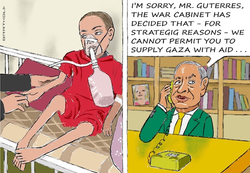 Cartoon: Practiced Cynicism (medium) by Barthold tagged israel,government,war,cabinet,netanyahu,prevention,aid,deliveries,gaza,strip,violation,geneva,convention,martial,law,intended,famine,starving,palestinian,girl,fictitious,phone,call,antonio,guterres,uno,general,secretary,cartoon,caricature,barthold,israel,government,war,cabinet,netanyahu,prevention,aid,deliveries,gaza,strip,violation,geneva,convention,martial,law,intended,famine,starving,palestinian,girl,fictitious,phone,call,antonio,guterres,uno,general,secretary,cartoon,caricature,barthold