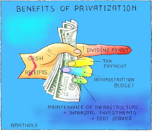 Cartoon: Priv. Operat. of Infrastructure (medium) by Barthold tagged morandi,bridge,genova,collapse,atlantia,autostrada,per,italia,privatization,dividend,payout,maintenance,infrastructure,investments,legal,status,benetton,accident,victims,reliability,sankey,diagram,cash,flow,human,hand,dollar,bill,note