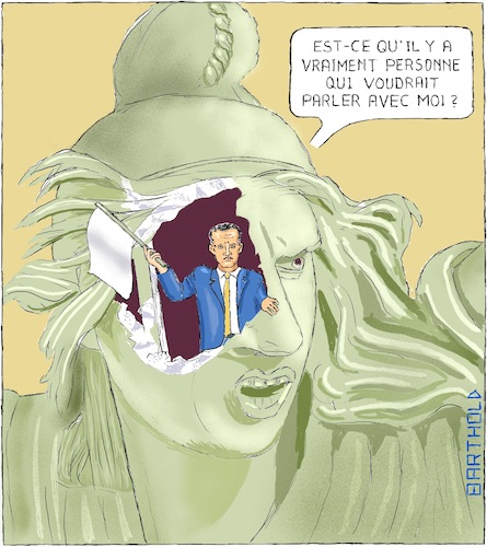 Cartoon: Protestation des Gilets Jaunes (medium) by Barthold tagged protestation,mouvement,gilets,jaunes,paris,france,arc,de,triomphe,plastique,marianne,vandalisee,mutilee,emmanuel,macron,president,francais,drapeau,blanc,interlocuteur,isolement