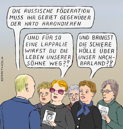 Cartoon: Putin und Soldatenmütter (medium) by Barthold tagged wladimir,putin,russland,präsident,angriffskrieg,überfall,invasion,völkerrechtswidrig,soldatenmütter,fotos,gefallene,söhne,kinder,vorwurf,unverhältnismäßig,unverhältnismäßigkeit,anlass,begründung,opfer,cartoon,karikatur,barthold,wladimir,putin,russland,präsident,angriffskrieg,überfall,invasion,völkerrechtswidrig,soldatenmütter,fotos,gefallene,söhne,kinder,vorwurf,unverhältnismäßig,unverhältnismäßigkeit,anlass,begründung,opfer,cartoon,karikatur,barthold