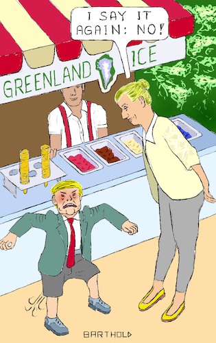 Cartoon: Quarrel at the Ice Cream Stand (medium) by Barthold tagged donald,trump,president,united,states,bid,buy,greenland,mette,frederiksen,prime,minister,denmark,ice,cream,stand,naughty,boy,fart,furor,cancellation,visit