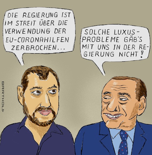 Cartoon: Regierungskrise Italien (medium) by Barthold tagged giuseppe,conte,rücktritt,regierungsneubildung,mehrheit,senat,streit,renzi,italia,viva,verwendung,eu,coronahilfen,kredite,rettungsschirm,esm,matteo,salvini,lega,silvio,berlusconi,forza,cartoon,karikatur,barthold,giuseppe,conte,rücktritt,regierungsneubildung,mehrheit,senat,streit,renzi,italia,viva,verwendung,eu,coronahilfen,kredite,rettungsschirm,esm,matteo,salvini,lega,silvio,berlusconi,forza,cartoon,karikatur,barthold