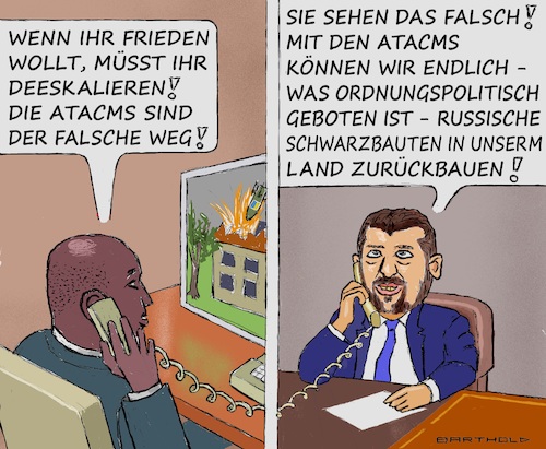 Cartoon: Russ. Milit.infrastrukt. Ukraine (medium) by Barthold tagged usa,bereitschaft,absicht,lieferung,atacms,kurzstreckenraketen,zweck,ausschaltung,kommandozentralen,logistikzentren,munitionslager,weit,hinter,front,schwächung,russische,armee,fiktives,telefonat,cyril,ramaphosa,präsident,südafrika,wolodymyr,selenskyj,ukraine,schwarzbauten,cartoon,karikatur,barthold,usa,bereitschaft,absicht,lieferung,atacms,kurzstreckenraketen,zweck,ausschaltung,kommandozentralen,logistikzentren,munitionslager,weit,hinter,front,schwächung,russische,armee,fiktives,telefonat,cyril,ramaphosa,präsident,südafrika,wolodymyr,selenskyj,ukraine,schwarzbauten,cartoon,karikatur,barthold